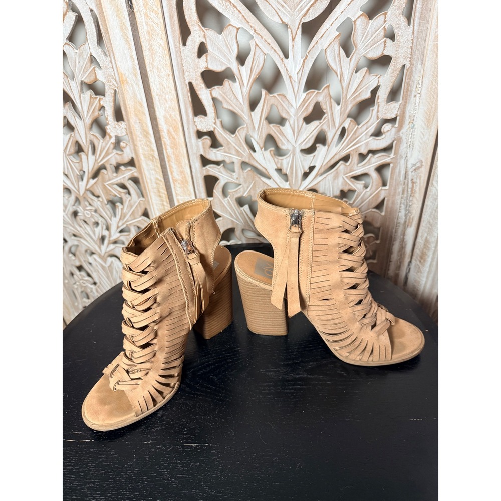 DV Dolce Vita Tan Faux Suede Woven Cage Block Heel Sandals Open Toe Booties 7.5 - Picture 3 of 10